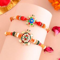 Aapno Rajasthan Set Of 2 Stone Studded & Beaded Rakhis With Roli Chawal & Greetings Card-image-26
