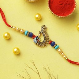 Aapno Rajasthan Peacock Charm Pearl-Beaded Rakhi with Roli Chawal & Greeting Card-image-79