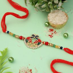 Aapno Rajasthan Peacock Enamled Beaded Rakhi With Roli Chawal & Greetings Card-image-67