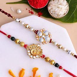 Aapno Rajasthan Set Of 2 Stone Studded & Beaded Rakhis With Roli Chawal & Greetings Card-image-73
