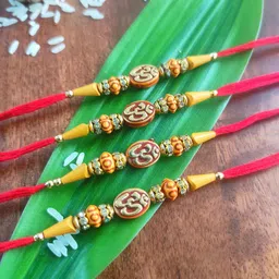 CRAYTON Men Set of 4 Red & Yellow Om Beaded Thread Rakhi-20
