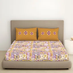 SPACES Yellow & Purple Timeless Ethnic Printed 144 TC King Bedsheet Set-image-57