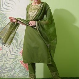 Vishudh Green Ethnic Motifs Yoke Design Zari Straight Kurta With Trousers & Dupatta-44