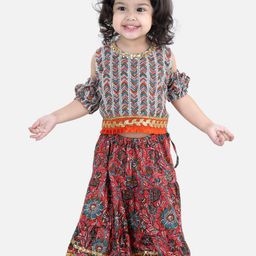 BownBee Girls Red & Teal Blue Printed Kalamkari Cotton Ready to Wear Lehenga Choli-picture-27