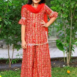 PICCOLO Girls Floral Printed Gotta Patti Pure Cotton Kurti with Sharara & Dupatta-image-27