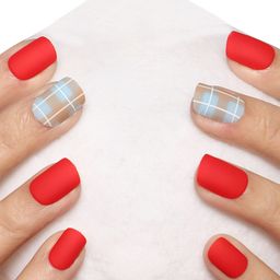LICK 30 Pcs Matte Check Pattern Fake Reusable Artificial Press On Nails - Red-41