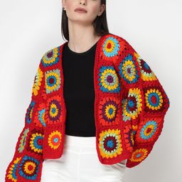 Velvery Crochet Granny Square Acrylic Front Open Sweater-picture-45