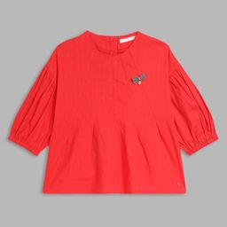 ELLE Girls Cotton Red A-line Puff Sleeves Top-image-2
