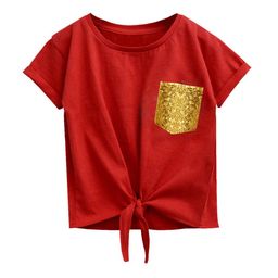 A T U N Girls Red Bubble Knot Pure Cotton Top-41