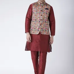 Hangup Men Maroon Kurta with Pyjamas & Jacket-picture-43