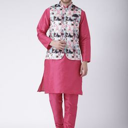 Hangup Men Solid Long Sleeves Cotton Blend Kurta with Pyjama & Jacket-6