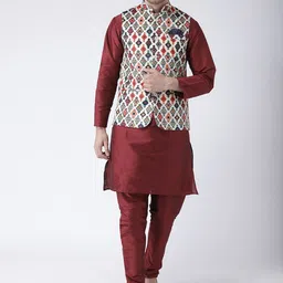 Hangup Men Maroon Printed Kurta with Pyjamas & Nehru Jacket-92