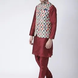 Hangup Men Maroon Printed Kurta with Pyjamas & Nehru Jacket image 5