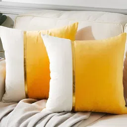 AEROHAVEN Yellow & White 2 Pcs Colourblocked Velvet Square Cushion Covers-13