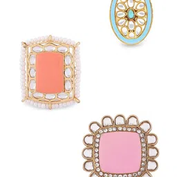 Zaveri Pearls Set Of 3 White Kundan Studded & Beaded Meenakari Finger Ring image 2