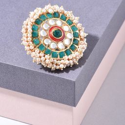 Zaveri Pearls Gold-Plated Green & Pink Kundan-Studded Finger Ring-image-27