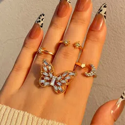 Jewels Galaxy Set Of 5 Gold-Plated White Stone-Studded Butterfly Finger Ring-58