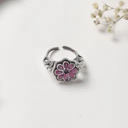 TEEJH Oxidised Silver-Plated Pink Stone Studded Finger Ring image 1