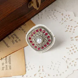 TEEJH Bhavashankari Silver-Plated Stone-Studded Adjustable Oxidised Finger Ring-8