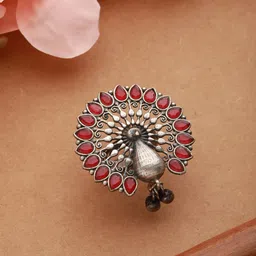 Jazz and Sizzle Silver-Plated Stone studded Peacock Motif Adjustable Finger Ring image 1