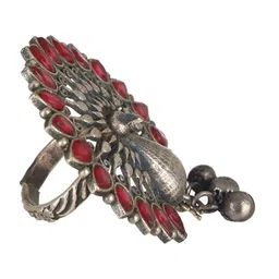 Jazz and Sizzle Silver-Plated Stone studded Peacock Motif Adjustable Finger Ring image 2