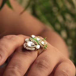 BeAbhika Kundan-Studded & Pearl-Beaded Adjustable Finger Ring image 3