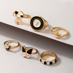 Yellow Chimes Set Of 6 Gold-Plated & Black Design Detailed Finger Ring-image-5