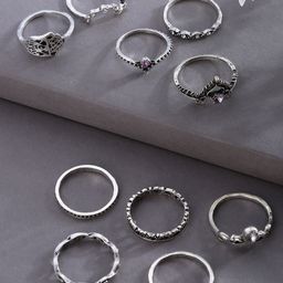 SOHI Women Pack Of 10 Silver-Plated Oxidised Finger Rings-12
