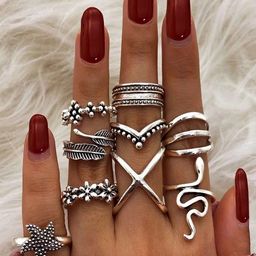 Shining Diva Fashion Set Of 9 Oxidised Silver Plated Finger Rings-65
