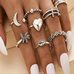 Shining Diva Fashion Woman Set Of 9 Silver-Plated Finger Ring-image-0
