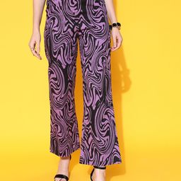 STREET 9 Women Purple Printed Urban Flared High-Rise Trousers-image-17