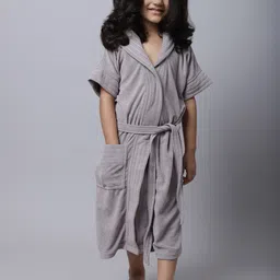 ELEVANTO Unisex Kids Grey Solid Bath Robe-image-4
