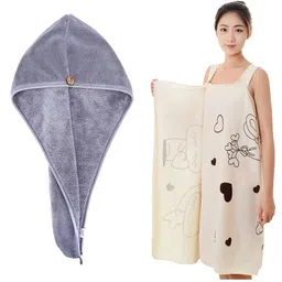 Adbeni Women 2 Pcs Beige & Grey 400 GSM Bathrobe With 300 GSM Hair Wrap Towel-14