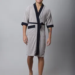 ELEVANTO Men Grey & Navy Blue Solid Bath Robe-image-3