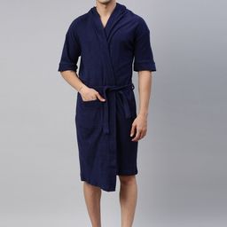 GOLDSTROMS Men Navy Blue Solid Bath Robe-image-58