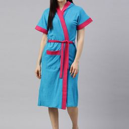 GOLDSTROMS Women Blue Solid Hooded Bathrobe-image-76