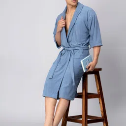 HotGown Blue Pure Terry Cotton Half Sleeves Bathrobe-picture-22