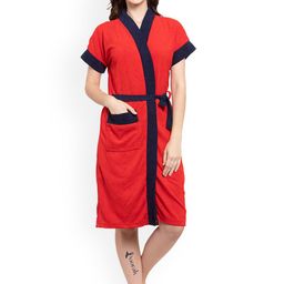 POORAK Women Red & Black  Solid Bath Robe-11
