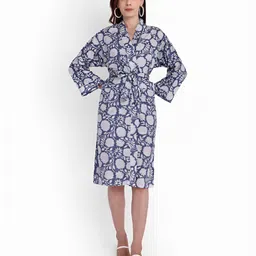 Bohekant Blue & White Printed Pure Cotton Bath Robe-image-41