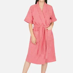 RANGOLI Unisex Coral Red Pure Cotton 400 GSM Bathrobe with Room Slippers-7