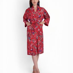 Bohekant Red & Blue Printed Cotton Kimono Bath Robe-image-13
