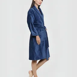 MYTRIDENT Unisex Blue Shawl Collar Pure Cotton Bath Robe-image-10