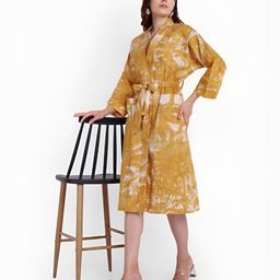Bohekant White & Mustard Yellow Printed Cotton Bath Robe-5