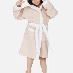 RANGOLI Kids Beige Solid Pure Cotton Hooded Bath Robe-12