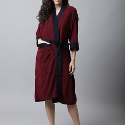 ELEVANTO Women Maroon & Navy Blue Solid Bath Robe-53