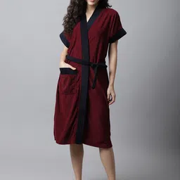 ELEVANTO Women Maroon & Navy Blue Solid Bath Robe-image-78