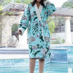 SANSKRUTIHOMES Turquoise Blue Printed Cotton Bath Robe-image-84