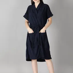 HotGown Women Navy Blue Solid Bath Robe-image-14