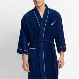 Nautica Men Navy Blue Solid Pure Cotton Bath Robe-picture-5