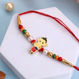 PANASH Gold-Plated Ganesh Shaped Beaded With Thread Rakhi With Roli Chawal image 1